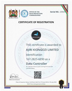 ODPC certificate of registration: Ajiri Kiongozi Limited, registered as a Data Controller, serial number 23925, valid 7 July 2026 to 7 July 2028