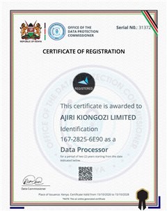 ODPC certificate of registration: Ajiri Kiongozi Limited, registered as a Data Processor, serial number 31372, valid 15 October 2026 to 15 October 2028